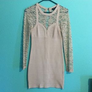 Bebe Beige Bandage Dress with Lace Sleeves